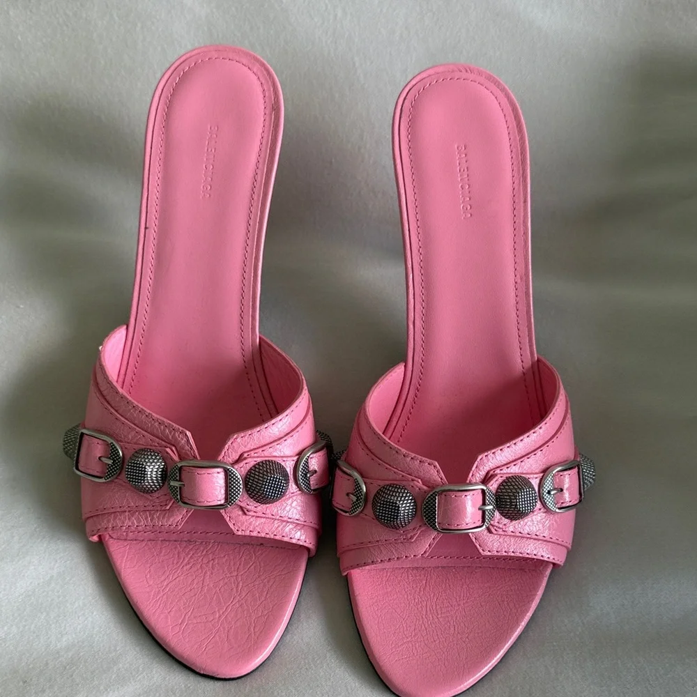 Balenciaga Pink Leather Slide Mules with Silver-Tone Studded Buckles Size 7.5 - Picture 3 of 9